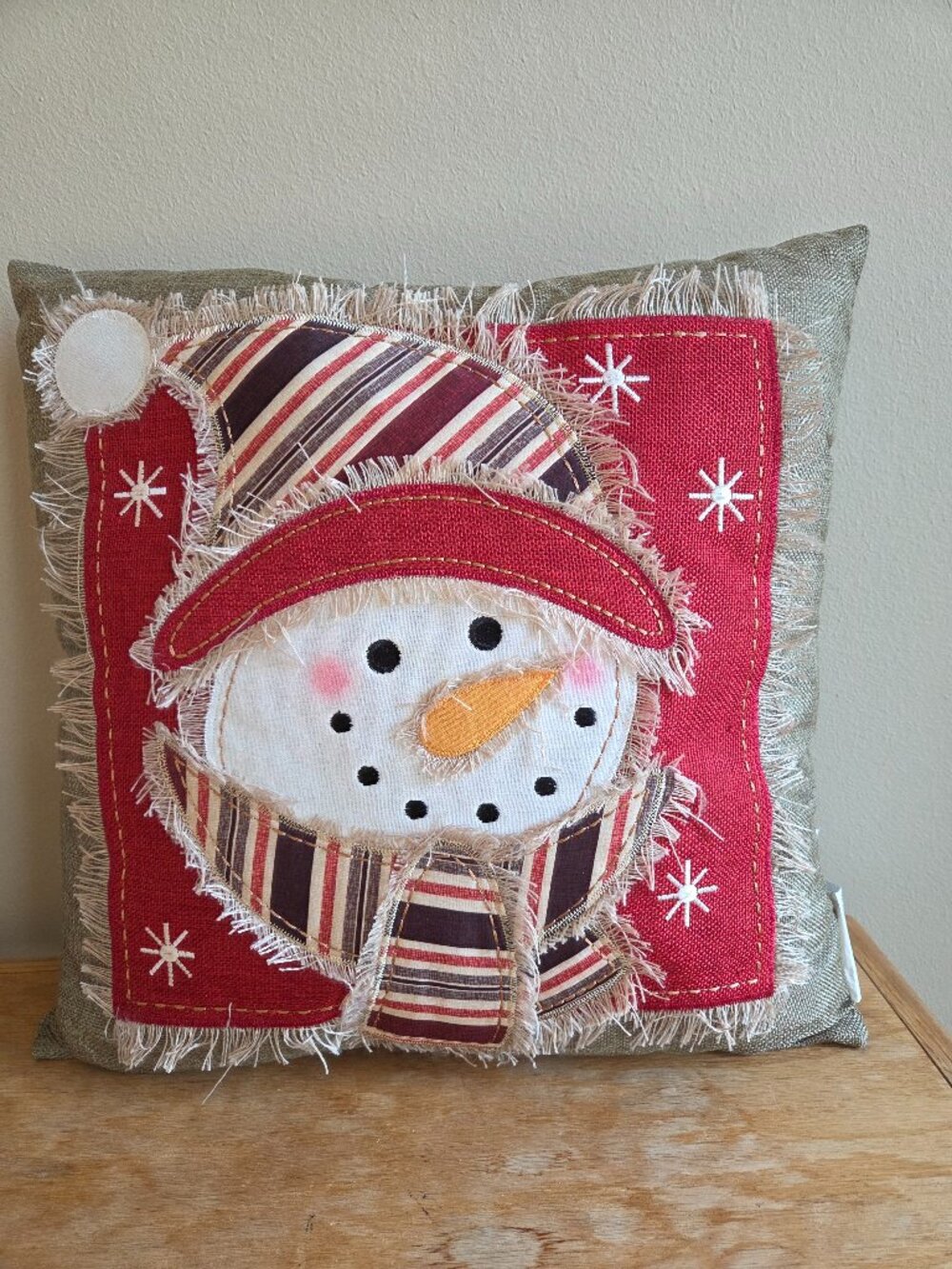 Rustic Snowman Burlap Christmas Holiday Winter Throw Pillow 17”x17”